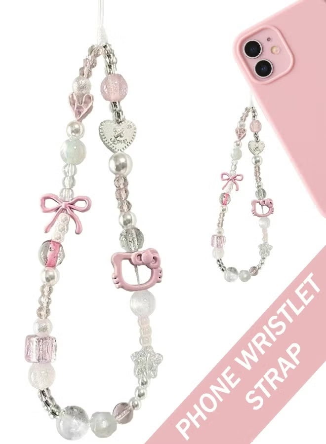 سلسلة تعليقة هاتف مزينة بالخرز واللؤلؤ بتصميم كاواي، حزام معصم لطيف للهاتف المحمول مزين بعقدة فيونكة. - Image 1