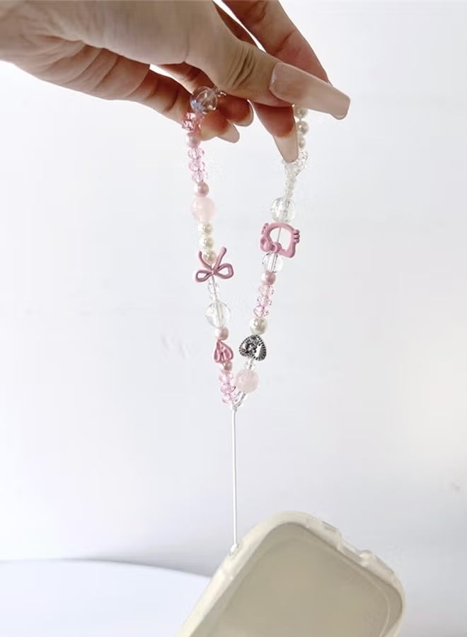 سلسلة تعليقة هاتف مزينة بالخرز واللؤلؤ بتصميم كاواي، حزام معصم لطيف للهاتف المحمول مزين بعقدة فيونكة. - Image 4