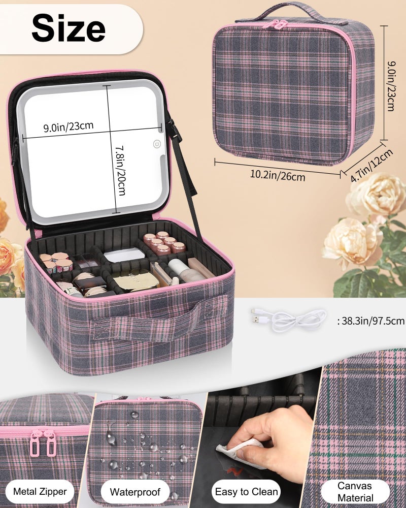 Relavel Travel Makeup Bag With LED Mirror, Portable Cosmetic Organizer Bag with Adjustable Brightness in 3 Color Scenarios, Small Train Case with Detachable Dividers for Trip- Grey Strip - Image 2