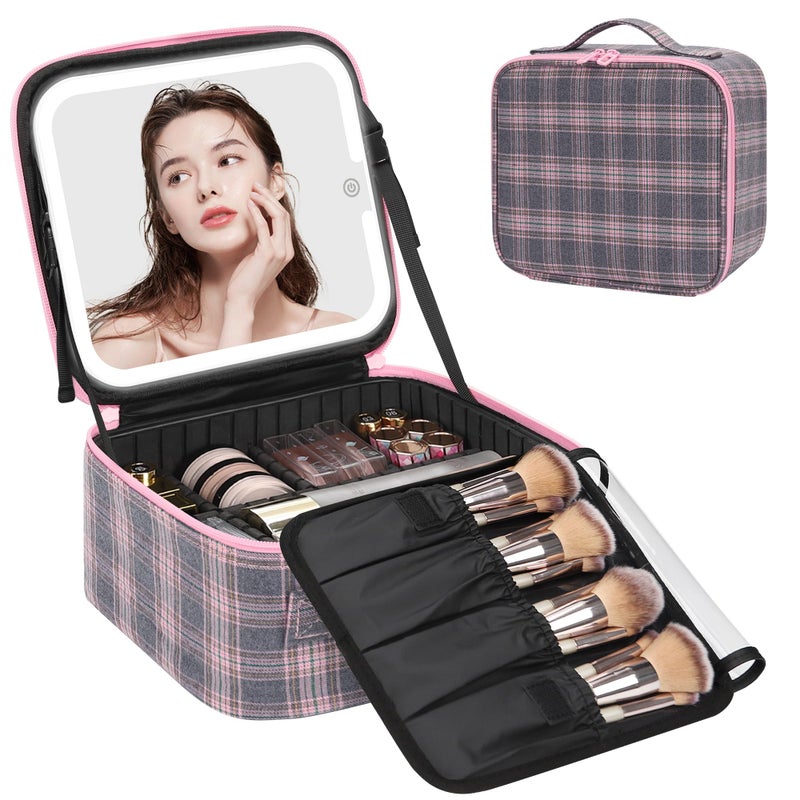 Relavel Travel Makeup Bag With LED Mirror, Portable Cosmetic Organizer Bag with Adjustable Brightness in 3 Color Scenarios, Small Train Case with Detachable Dividers for Trip- Grey Strip - Image 1