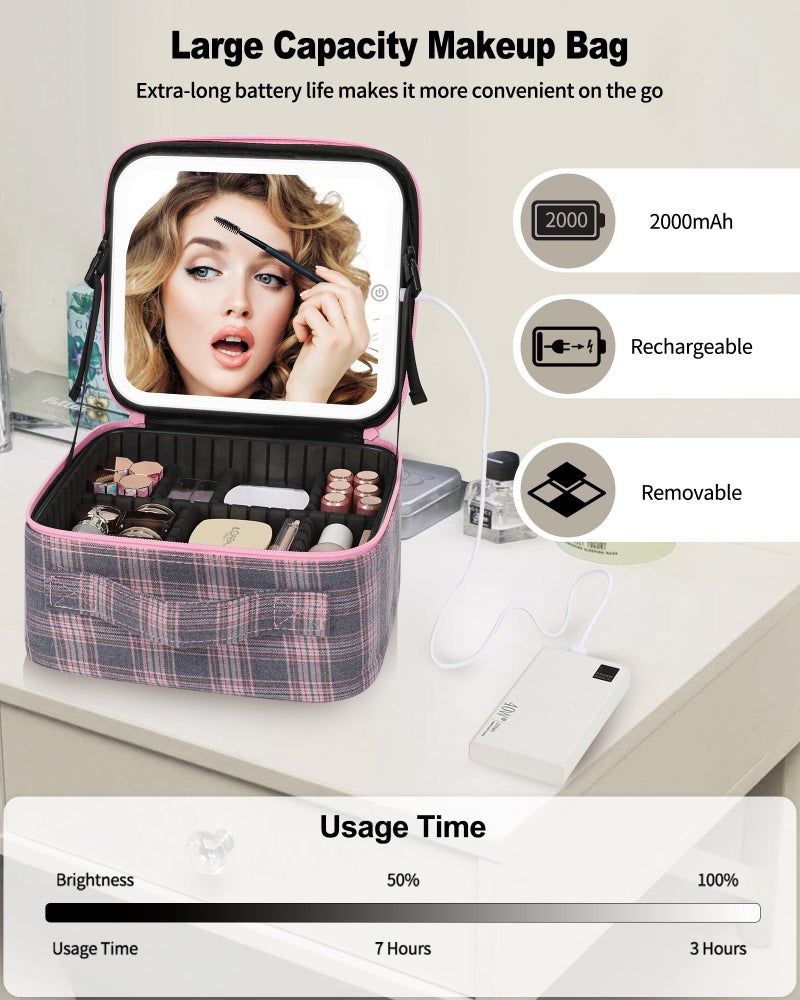 Relavel Travel Makeup Bag With LED Mirror, Portable Cosmetic Organizer Bag with Adjustable Brightness in 3 Color Scenarios, Small Train Case with Detachable Dividers for Trip- Grey Strip - Image 4