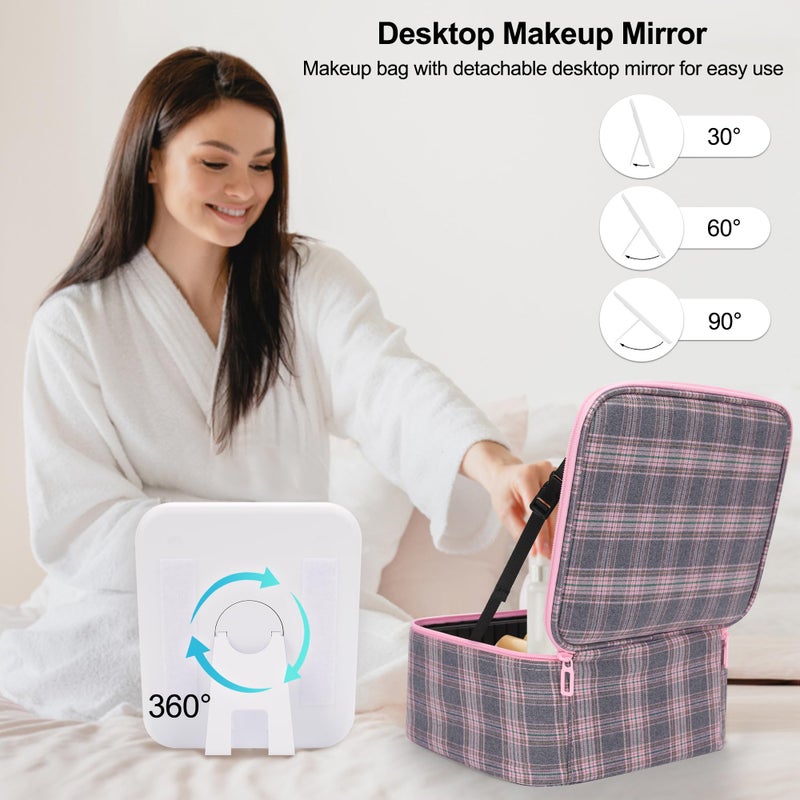 Relavel Travel Makeup Bag With LED Mirror, Portable Cosmetic Organizer Bag with Adjustable Brightness in 3 Color Scenarios, Small Train Case with Detachable Dividers for Trip- Grey Strip - Image 3