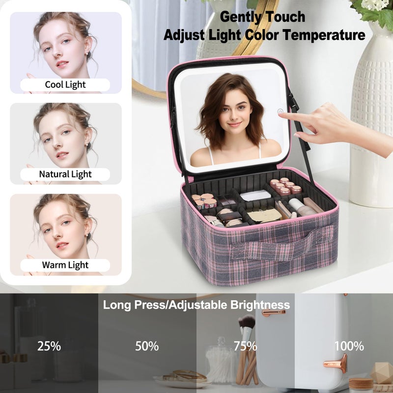 Relavel Travel Makeup Bag With LED Mirror, Portable Cosmetic Organizer Bag with Adjustable Brightness in 3 Color Scenarios, Small Train Case with Detachable Dividers for Trip- Grey Strip - Image 5