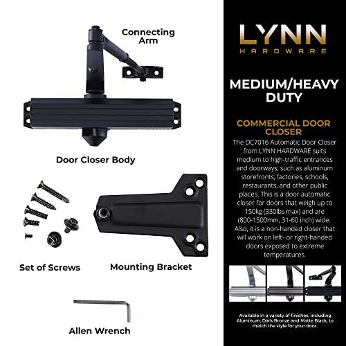 LYNN HARDWARE Medium/Heavy Duty Commercial Door Closer - DC7016 Surface Mounted, Grade 1- ADA & UL 3 Hour Fire Rated, Adjustable Size 1-6 for entrances & Aluminum storefronts- US19 Matte Black - Image 3