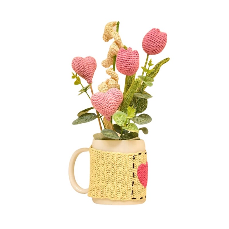 Happy Threads Crocheted Tulips and Heart Bouquet Elegant Floral Touch for Homes Offices Other Spaces Gifting Item for Friends Families on Birthdays Weddings Anniversary - Image 1