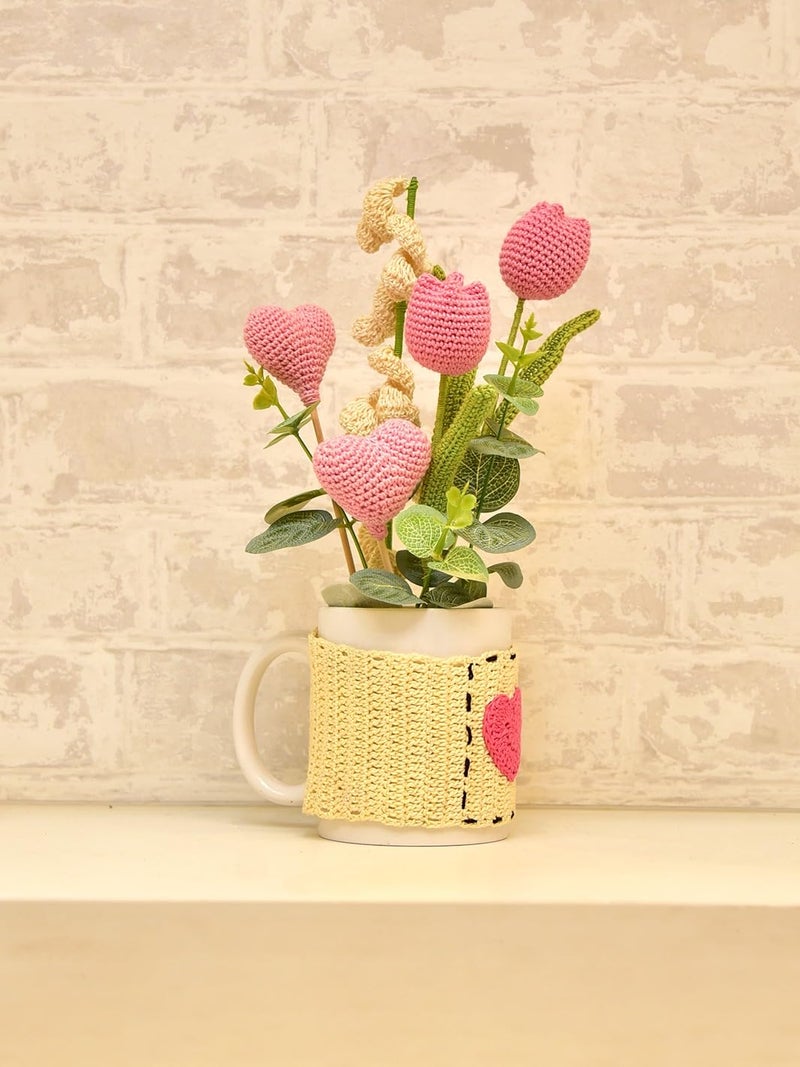 Happy Threads Crocheted Tulips and Heart Bouquet Elegant Floral Touch for Homes Offices Other Spaces Gifting Item for Friends Families on Birthdays Weddings Anniversary - Image 2