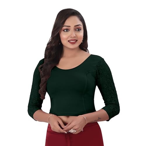 DESI GIRL - Round Neck Cotton Lycra Regular Fit Saree Blouse for Women | 3/4 Net Sleeve Readymade Stretchy Plain Design Festive Blouse Perfect for Saree, Lehenga, Kurti | Dark Green - 44 - Image 1