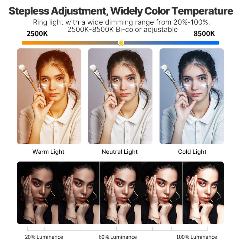 PICTRON جهاز فيديو للهواتف الذكية PICTRON U200 مع ضوء حلقي LED محمول للصور الذاتية ومثبت فيديو للكاميرا والهواتف الذكية وكاميرات الحركة ويوتيوب وإعداد الأفلام والمكياج والمدونات. - Image 2