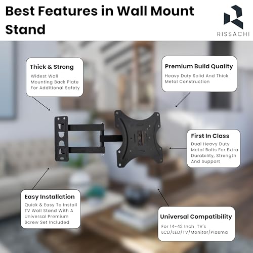 RISSACHI Wall Mount TV Stand for 14–42 Inch LED TVs, TV Stand Movable with Swivel & Tilt | Space-Saving & Durable Heavy Duty Wall Mount for Home & Office - Image 4