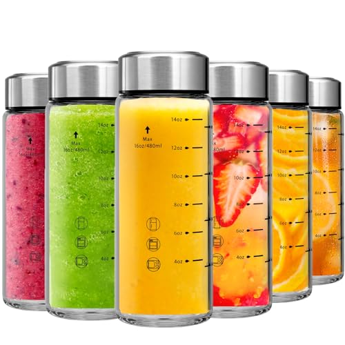 chunmo Glass Juice Bottles 6 Pack 16 oz - Wide Mouth Glass Water Bottles with Lids - Borosilicate,Stainless Steel Lids for Juicing, Smoothies, Infused Water, Beverage Storage, Leakproof, Reusable, BPA Free - Image 1
