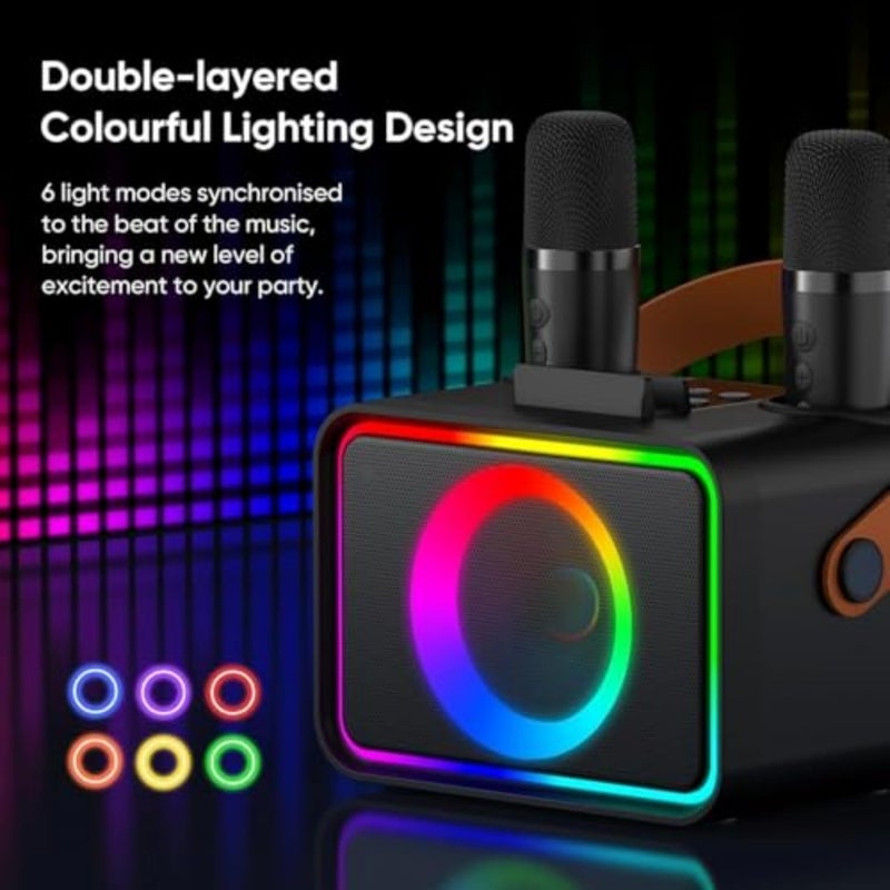 مكبر صوت بلوتوث محمول من كاريوكي مع 2 ميكروفونات لاسلكية، 6 أوضاع إضاءة LED و5 تغيير صوتي، نظام مكبر صوت كاريوكي PA، يدعم USB/TF/AUX، مثالي للتجمعات، هدايا عيد الميلاد - Image 3