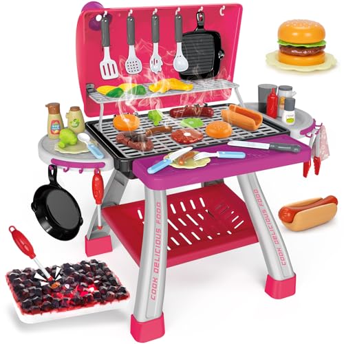 Bstoyder Kids Play Kitchen Toys Kids BBQ Grill Kitchen Playset with Smoke Sound Light Pink Play Food Toys Cooking Set 2Layer Barbecue Outdoor Play Grill Toy Gift for Toddler Girls 35 Pink - Image 1