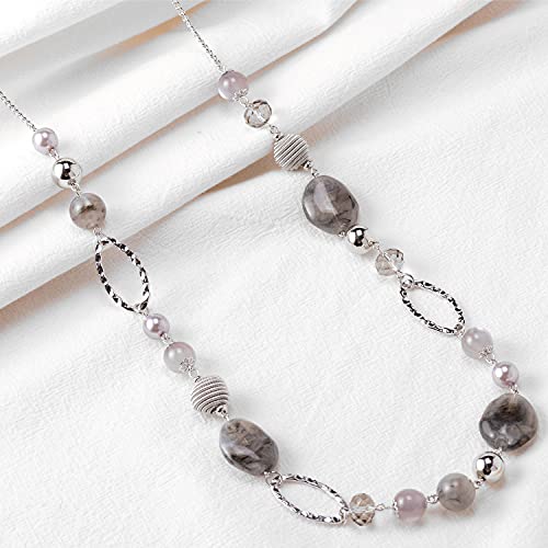 BULINLIN Beaded Long Necklace for Women Silver Sweater Chain Necklace with Crystal Resin Beads, Fashion Jewelry Necklace(Grey) - Image 4