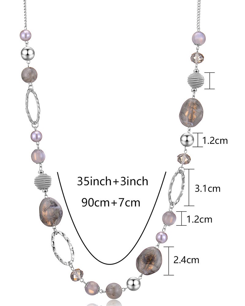 BULINLIN Beaded Long Necklace for Women Silver Sweater Chain Necklace with Crystal Resin Beads, Fashion Jewelry Necklace(Grey) - Image 5