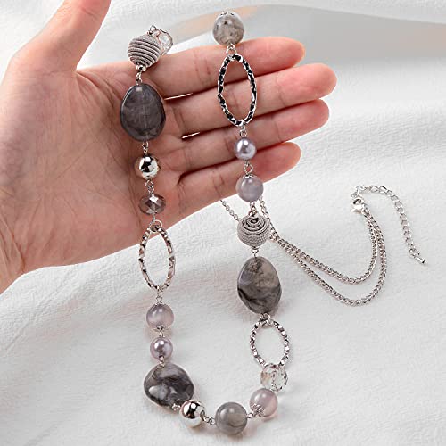 BULINLIN Beaded Long Necklace for Women Silver Sweater Chain Necklace with Crystal Resin Beads, Fashion Jewelry Necklace(Grey) - Image 3