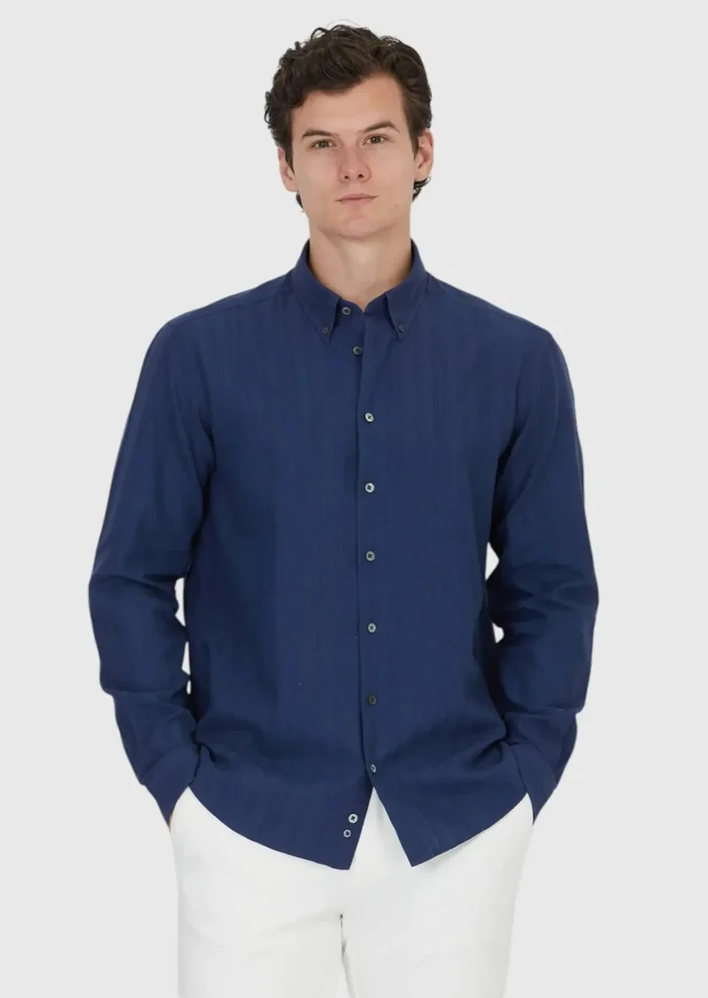 RAMSEY Navy Blue Plain Casual Fit Weaving Casual Cotton Blended Shirt