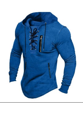 Generic - 2024 Mens Spring And Autumn Hooded Solid Color Zipper Pocket Polo Shirt Sport Streetwear Gold-Stamped Fashion Casual Wear Royal blue - Image 1