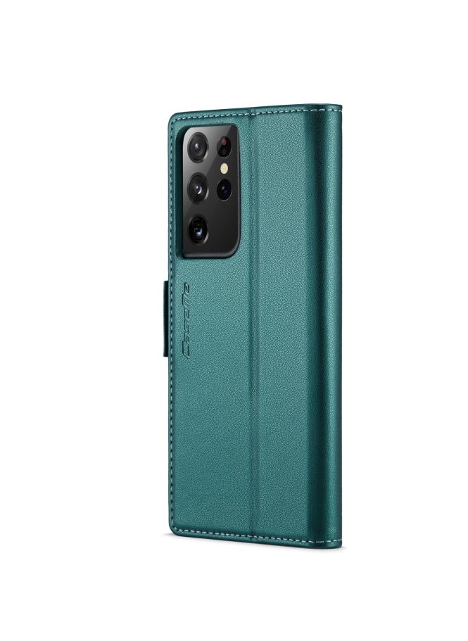 Flip Wallet Case For Samsung Galaxy S21 Ultra, [RFID Blocking] PU Leather Wallet Flip Folio Case with Card Holder Kickstand Shockproof Phone Cover (Green)