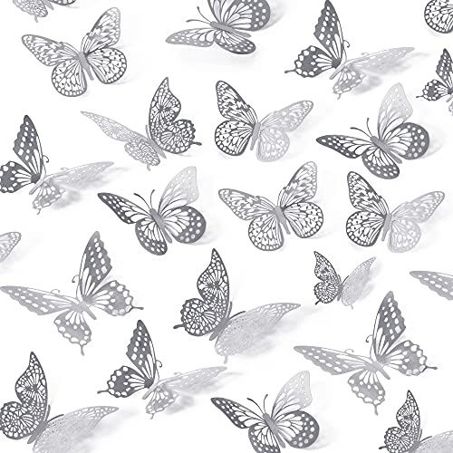 SAOROPEB 3D Butterfly Wall Decor 48 Pcs 4 Styles 3 Sizes Removable Metallic Wall Sticker Room Mural Decals for Kids Bedroom Nursery Classroom Party Decoration Wedding Decor DIY Gift Sliver