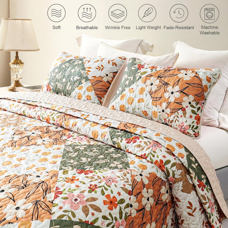 Wear resistant Reversible Patchwork Quilts Twin Size, Lightweight Boho Printed Bedspreads Coverlets Quilt Bedding Set with 1 Pillow Sham for All Seasons, Orange Practical experience crafted - Image 4