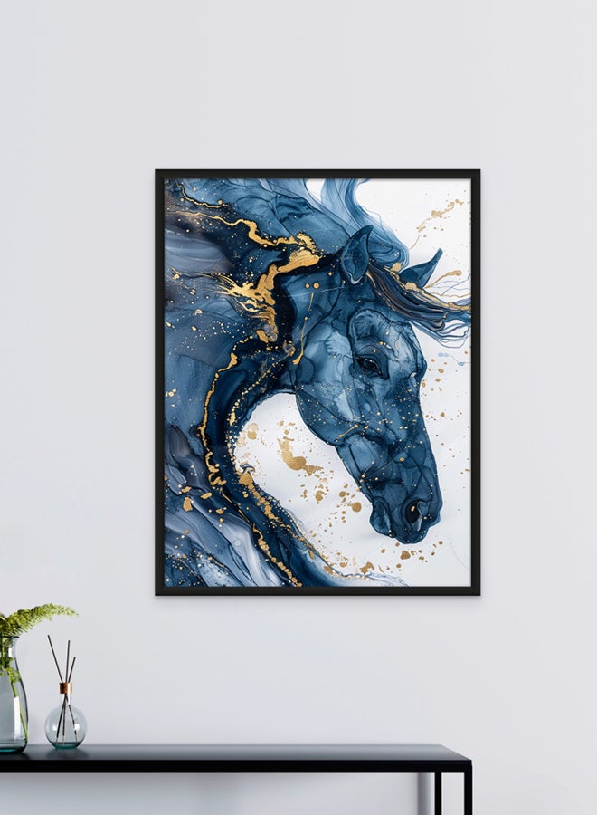 Art Decor Art Decor Watercolor Fluid Ink Art Horse Design in Blue and Gold Wall Art Framed Fine Art Wall Décor for Living Room Bedroom Dining Room Gifting - Image 1