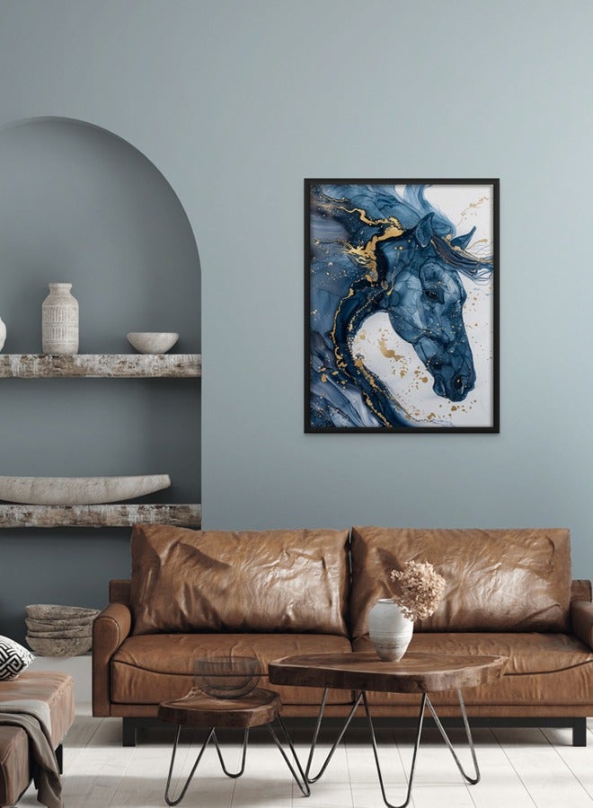 Art Decor Art Decor Watercolor Fluid Ink Art Horse Design in Blue and Gold Wall Art Framed Fine Art Wall Décor for Living Room Bedroom Dining Room Gifting - Image 2