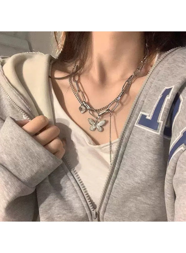 Goolsky Layered Heart & Butterfly Chain Necklace – Edgy Minimalist Statement Choker for Women, Street Style Jewelry, Titanium Steel, Non-Fading - Image 1