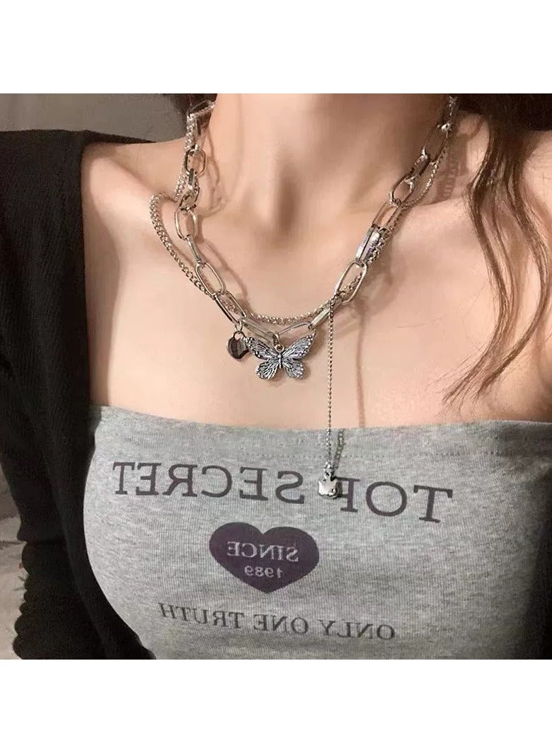 Goolsky Layered Heart & Butterfly Chain Necklace – Edgy Minimalist Statement Choker for Women, Street Style Jewelry, Titanium Steel, Non-Fading - Image 2
