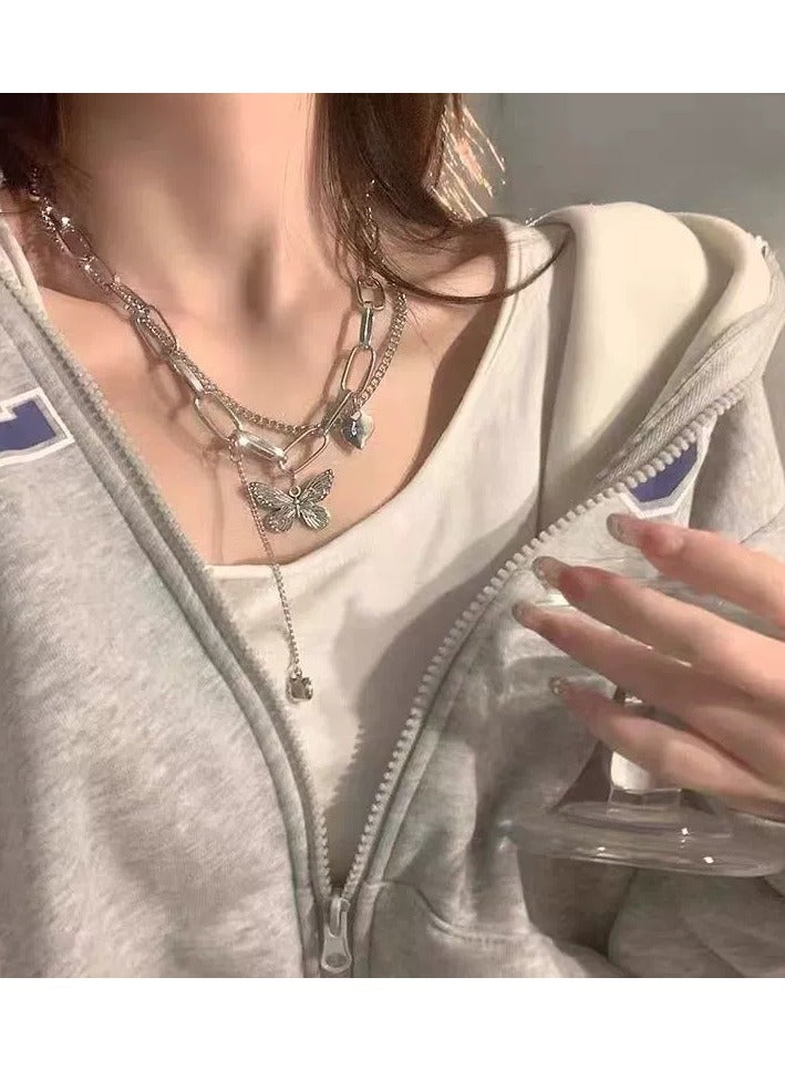 Goolsky Layered Heart & Butterfly Chain Necklace – Edgy Minimalist Statement Choker for Women, Street Style Jewelry, Titanium Steel, Non-Fading - Image 4