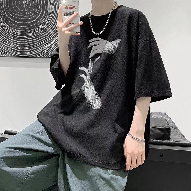 Short sleeve t-shirt mens summer new Korean style trendy loose half sleeve top Hong Kong style handsome student fashion brand T-shirt White  - Image 5