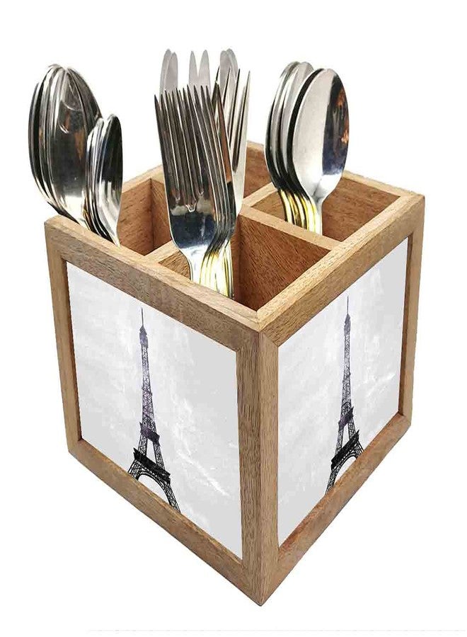 Nutcase Wooden Cutlery Stand Holder Silverware Caddy Spoons Forks Knives Organizer for Dining Table & Kitchen -Made in India-Spoons NOT Included - Paris City Art - Image 1