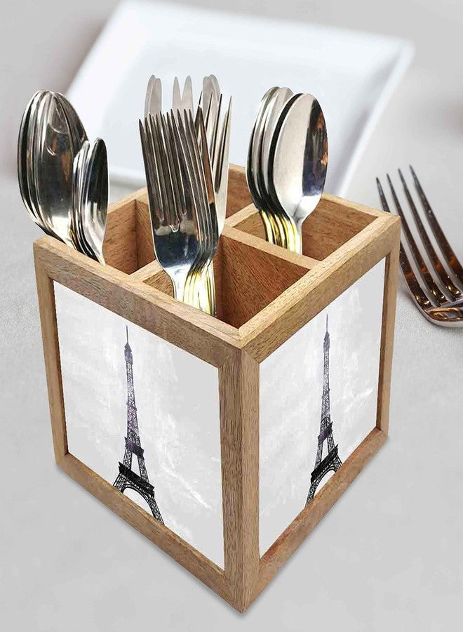 Nutcase Wooden Cutlery Stand Holder Silverware Caddy Spoons Forks Knives Organizer for Dining Table & Kitchen -Made in India-Spoons NOT Included - Paris City Art - Image 2