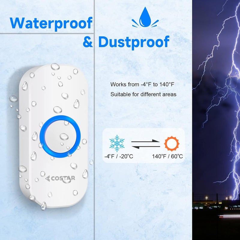 Costar Wireless Door Bell Kits Chime For Home Office With LED Light 300 Meter 1000 Feet Operating Range 32 Ringtones 5 Levels Volume1 Receiver1 Push Button Ip44 WaterproofPebble T300M508 - Image 3
