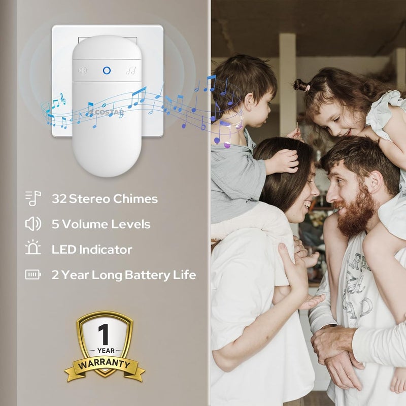Costar Wireless Door Bell Kits Chime For Home Office With LED Light 300 Meter 1000 Feet Operating Range 32 Ringtones 5 Levels Volume1 Receiver1 Push Button Ip44 WaterproofPebble T300M508 - Image 2