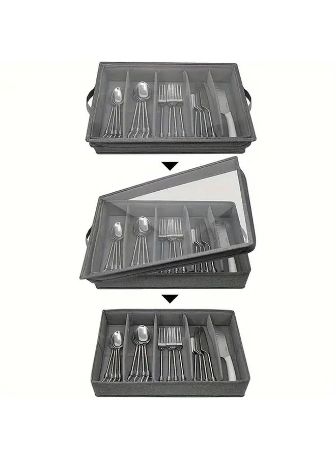 Gray 5 Compartment Fabric Flatware Organizer With Clear Lid Portable Kitchen Storage Box - Image 5