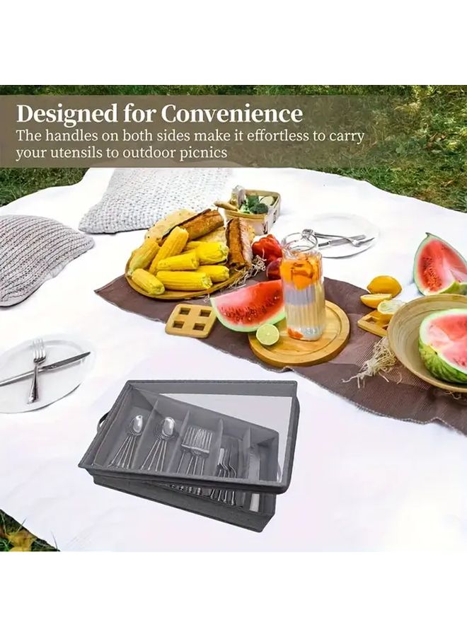 Gray 5 Compartment Fabric Flatware Organizer With Clear Lid Portable Kitchen Storage Box - Image 2