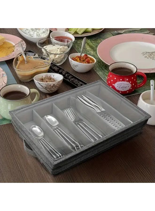 Gray 5 Compartment Fabric Flatware Organizer With Clear Lid Portable Kitchen Storage Box - Image 1