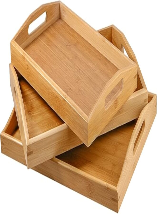 MANCHAP 3 Pack Bamboo Wooden Serving Platter Tray Set, 3 Sizes Rectangular Wood Butler Trays with Handles for Breakfast, Tea, Coffee, Eating