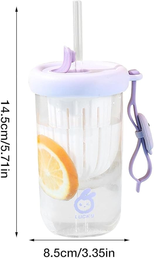 Bittern Glass Tumbler with Fruit Infuser Lid and Straw Water Cup Portable Tea Water Separator Cup Straw Glass Bubble Milk Tea Cup Cold Brew Flower Water Cup Cherry Blossom Pack of 2 - Image 2
