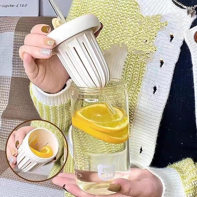 Bittern Glass Tumbler with Fruit Infuser Lid and Straw Water Cup Portable Tea Water Separator Cup Straw Glass Bubble Milk Tea Cup Cold Brew Flower Water Cup Cherry Blossom Pack of 2 - Image 3