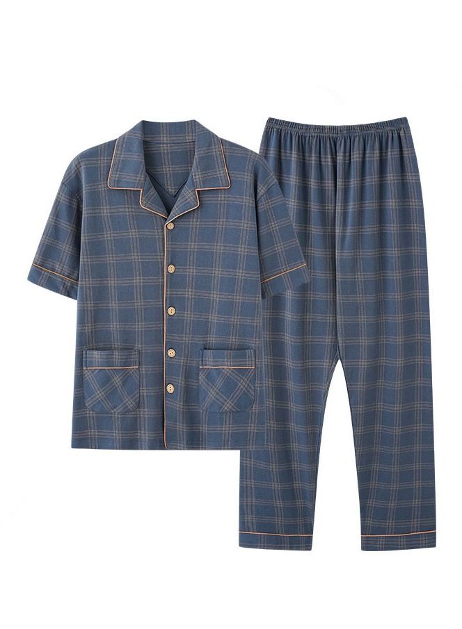 NIBEMINENT 2-Piece Pajama Set Men's Cotton Short-Sleeved T-Shirt Long Pants Sets Grid Pattern Sleepwear Nightgown Male Loose Spring Summer Thin Loungewear Home Clothes Blue  - Image 1