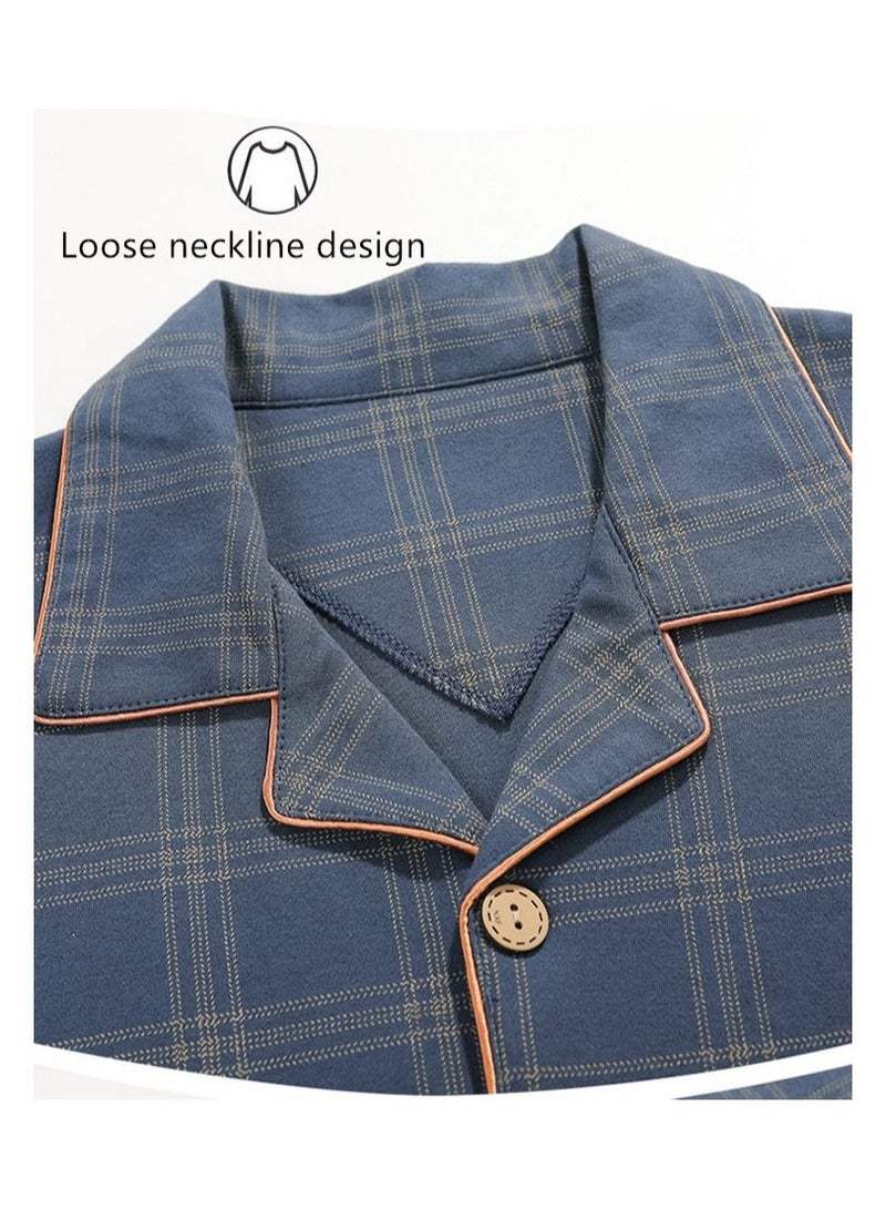 NIBEMINENT 2-Piece Pajama Set Men's Cotton Short-Sleeved T-Shirt Long Pants Sets Grid Pattern Sleepwear Nightgown Male Loose Spring Summer Thin Loungewear Home Clothes Blue  - Image 4