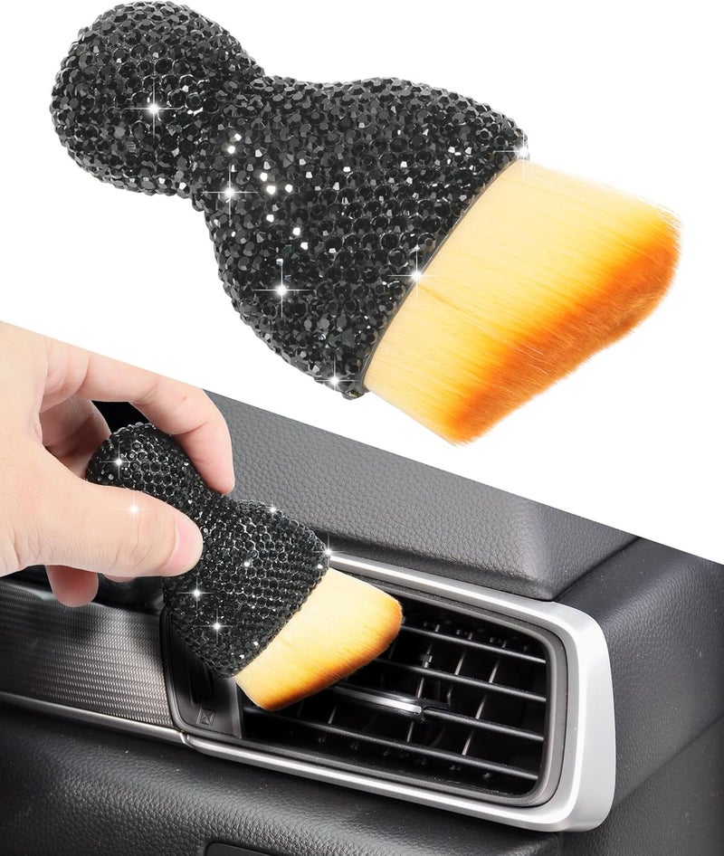 AOCISKA Car Detailing Brush,Car Interior Dust Sweeping Soft Brush,Bling Car Accessories for Women,Car Interior Cleaning Tool with Diamond,Auto Interior Dust Brush for Dashboard (Black) - Image 1