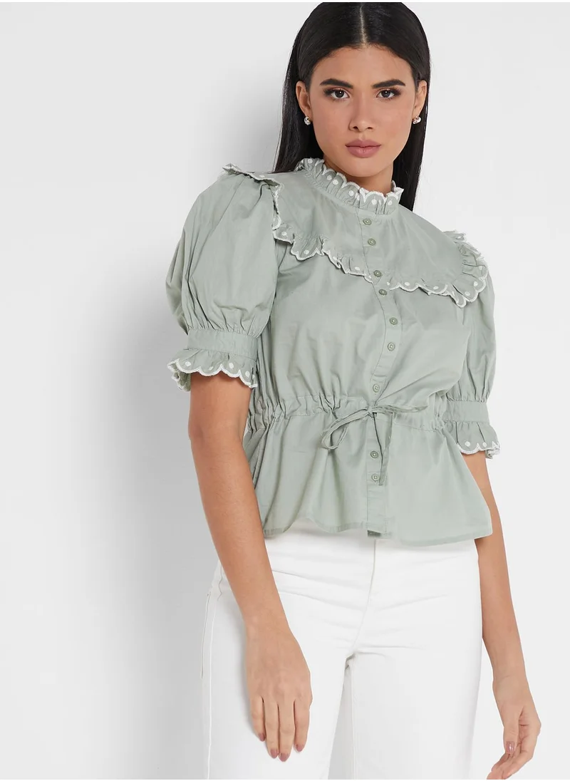 WAREHOUSE Puff Sleeve Ruffle Detail Top