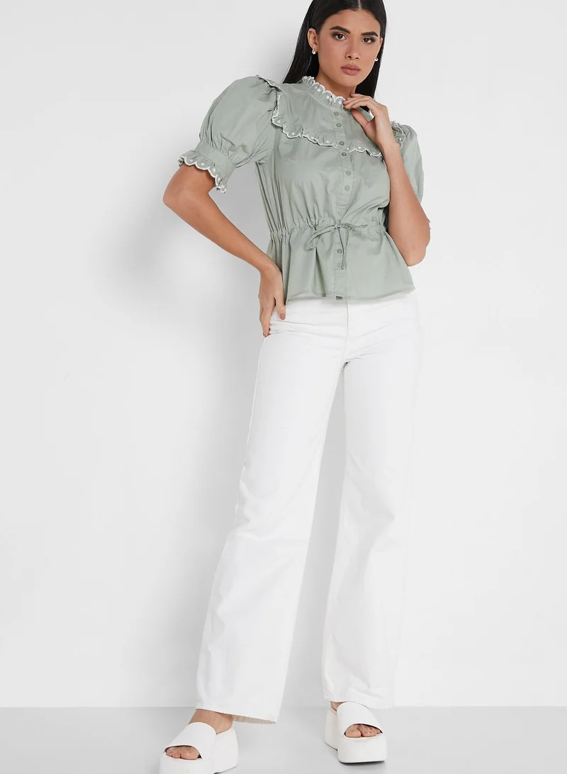 WAREHOUSE Puff Sleeve Ruffle Detail Top