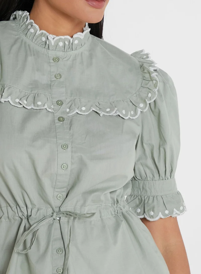 WAREHOUSE Puff Sleeve Ruffle Detail Top