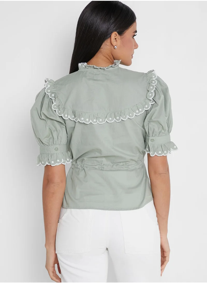 WAREHOUSE Puff Sleeve Ruffle Detail Top