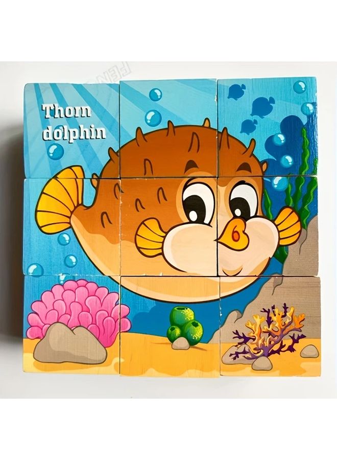 Animal Wooden Cube Puzzles For Kids Educational Ocean World Blocks Game - Image 5