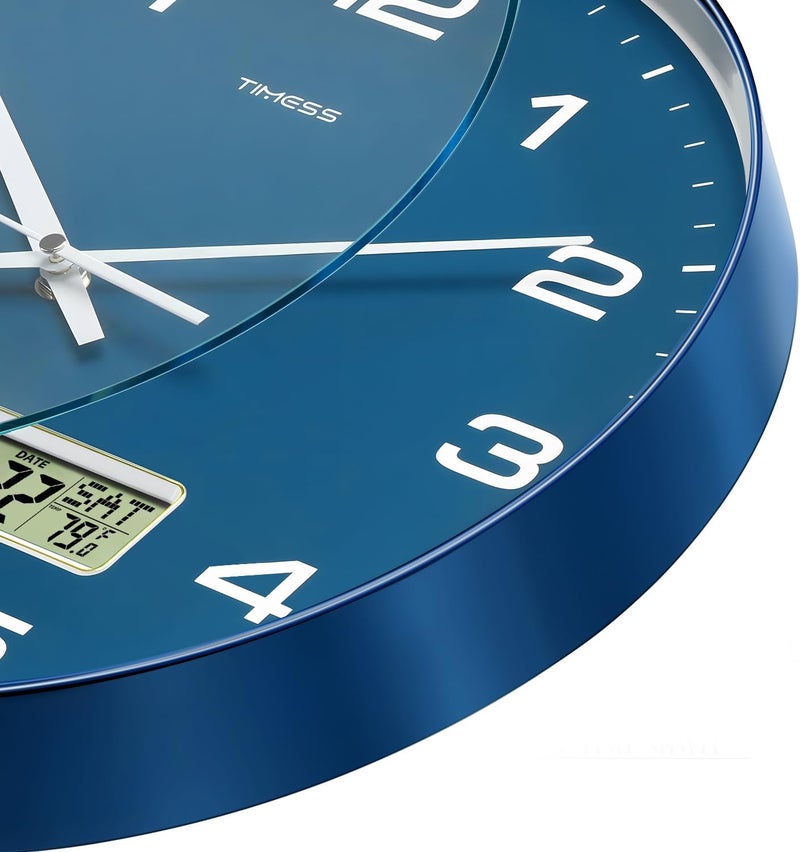 TIMESS ساعة حائط، 12" قرص غير مزعج تعمل بالبطارية مع شاشة LCD للتقويم الدائم ودرجة حرارة فهرنهايت، مثالية للمنزل العصري، غرفة النوم، المطبخ، ديكور المكتب (أزرق) - Image 3
