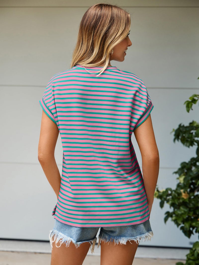 Glamaker Women Cap Sleeve Basic Tops Crewneck Striped Tee Shirts Summer Short Sleeve T-Shirt Casual Fashion Clothes 2026(Medium,Green Striped) - Image 3